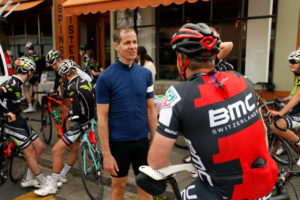 Former professional cyclist Andy Hampsten, center, talks with BMC CEO Gavin Chilcott before they go on a ride with members and supporters of local cycling team, Team Swift, in Santa Rosa, California, on Tuesday, April 4, 2017. Hampsten is known for being the first American to win the 1988 Giro d'Italia, where he rode over the Gavia Pass during a snowstorm. (Alvin Jornada / The Press Democrat)