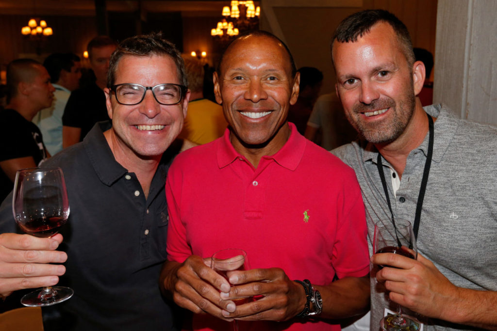 Joe Randa, left, Rod Carter and Nelson Hiltner attend the Gay Wine Weekend welcome reception at MacArthur Place in Sonoma, California on Friday, June 17, 2016. (Alvin Jornada / The Press Democrat)