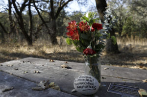A rock with works acknowledging firefighters sits on a picnic table in an area spared by the fire at Sonoma Valley Regional Park in Glen Ellen, on Wednesday, November 1, 2017. (BETH SCHLANKER/ The Press Democrat)