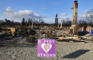 A Coffey Strong sign is posted in front of a burned home along Tuliptree Road, in the Coffey Park area in Santa Rosa on Thursday, November 2, 2017. (Photo by Christopher Chung)