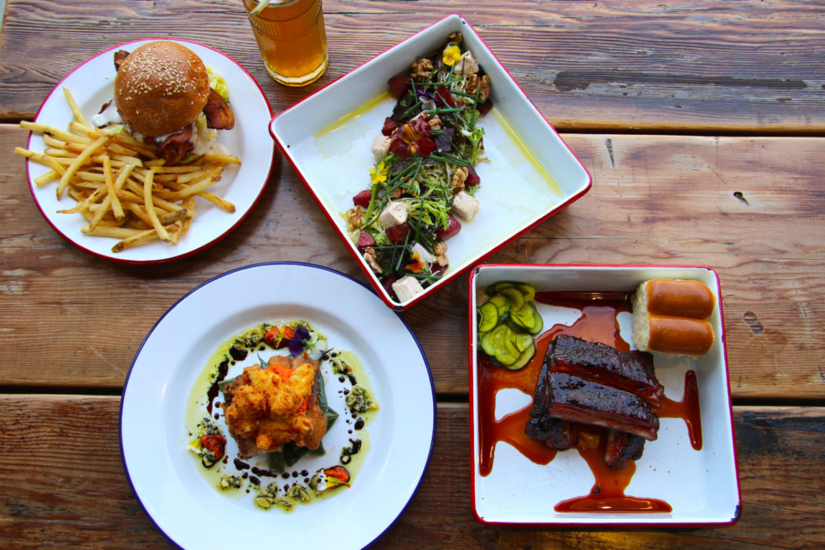 A selection of dishes at Brewsters Beer Garden in Petaluma. (Heather Irwin / Sonoma Magazine)