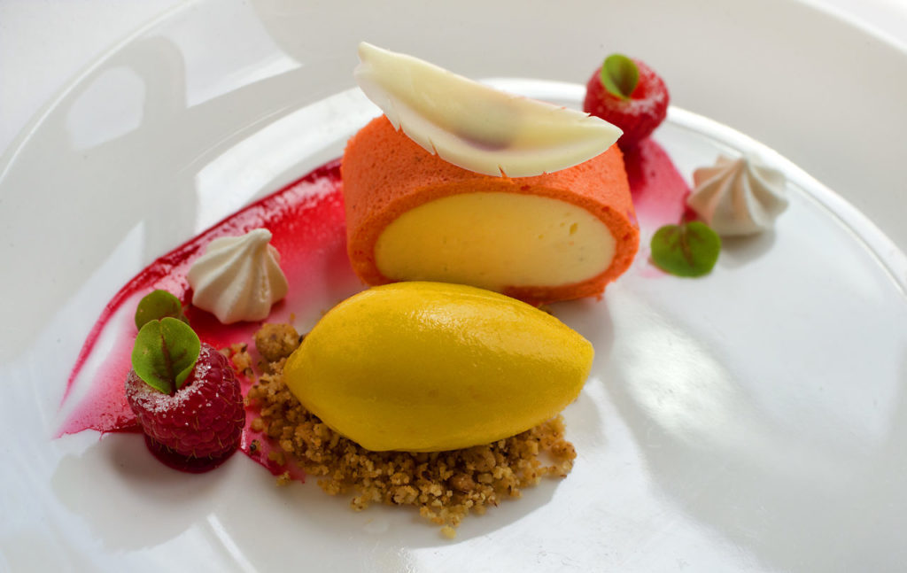 Vanilla Passion Roulade with raspberry gel, almond streusel, calamansi sorbet and chocolate feather from Madrona Manor in Healdsburg. (photo by John Burgess/The Press Democrat)