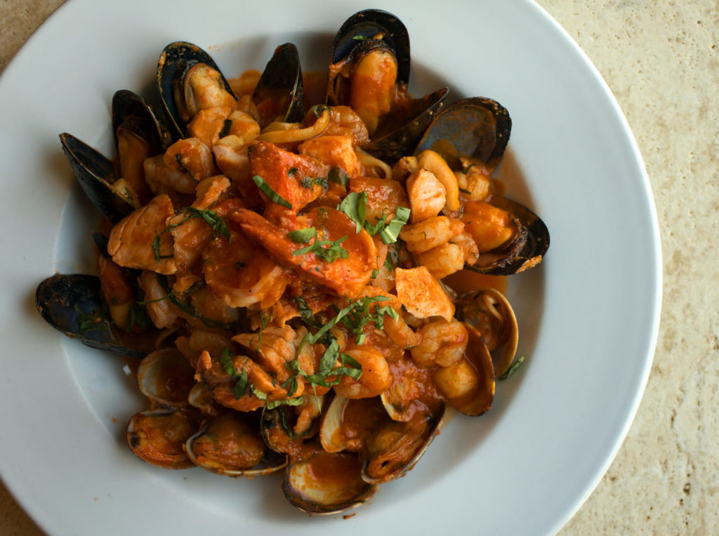 Frutti di Mare with prawns, scallops, musses, rock shrimp, manila clams, seasonal fish in a spicy marinara sauce from Alfredo's Italian Restaurant in Petaluma. (photo by John Burgess/The Press Democrat)