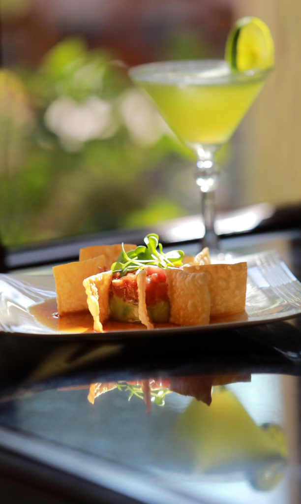 Ahi Tartare with avocado, citrus-soy broth, sesame ginger dressing, scallions and wonton chips served with a Terrior Gimlet from the Gravenstein Grill in Sebastopol. (John Burgess/The Press Democrat)