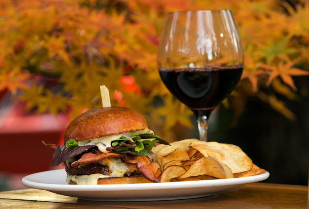 Gio's Burger with applewood smoked bacon, butter lettuce, cartelized onions, fiscal ini cheddar and aioli from the Russian River Vineyards Restaurant & Farm in Forestville. (photo by John Burgess/The Press Democrat)