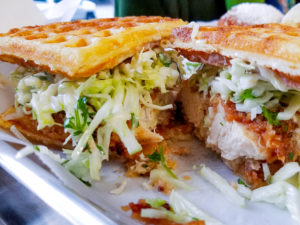 Fried chicken waffle sandwich at Sonoma Crust in Santa Rosa. (Heather Irwin / The Press Democrat)