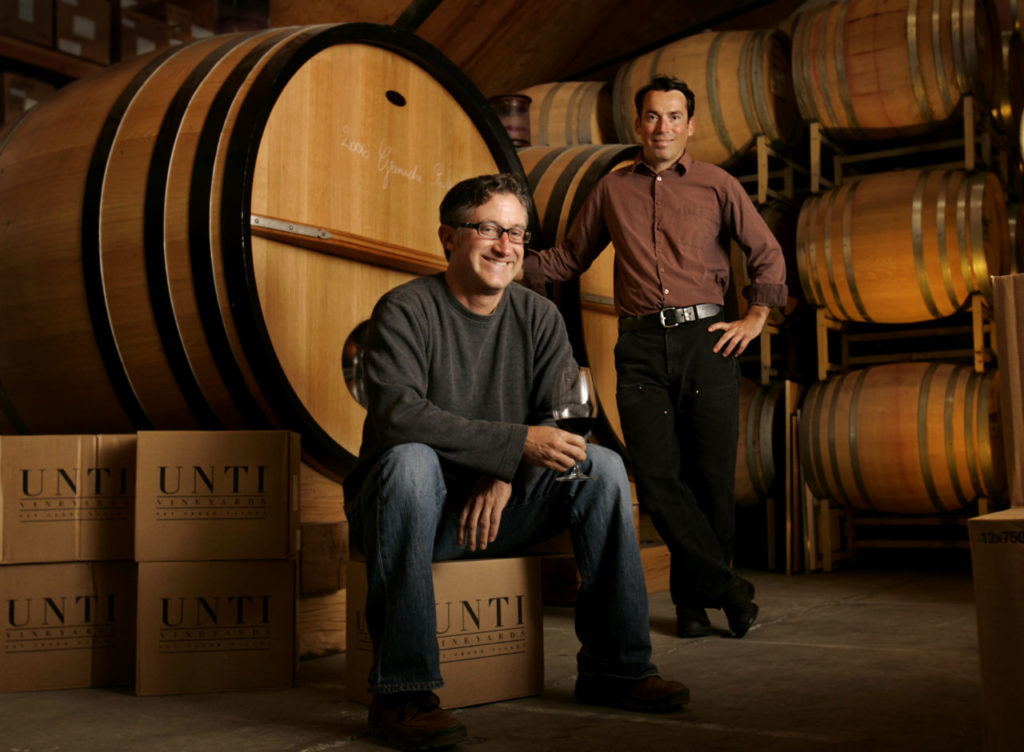 1/14/2009:D6: Mick Unti, left, and winemaker Sebastien Pochan age Unti Vineyard's grenache in 620 gallon foudres, which are commonly used in the Rhone region of France. 11/14/2007:D1: Mick Unti, left, and winemaker Sebastien Pochan age Unti Vineyard's Grenache in 620 gallon foudres, which are commonly used in the Rhone region of France. PC: Mick Unti, left, and winemaker Sbastien Pochan age Unti Vineyard's Grenache in 620 gallon foudres, which are commonly used in the Rhne region of France, instead of the smaller barrels. photo by John Burgess/The Press Democrat