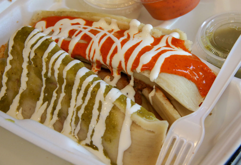 Tamales with red and green salsa at Tamales Mana in Santa Rosa. Heather Irwin/PD