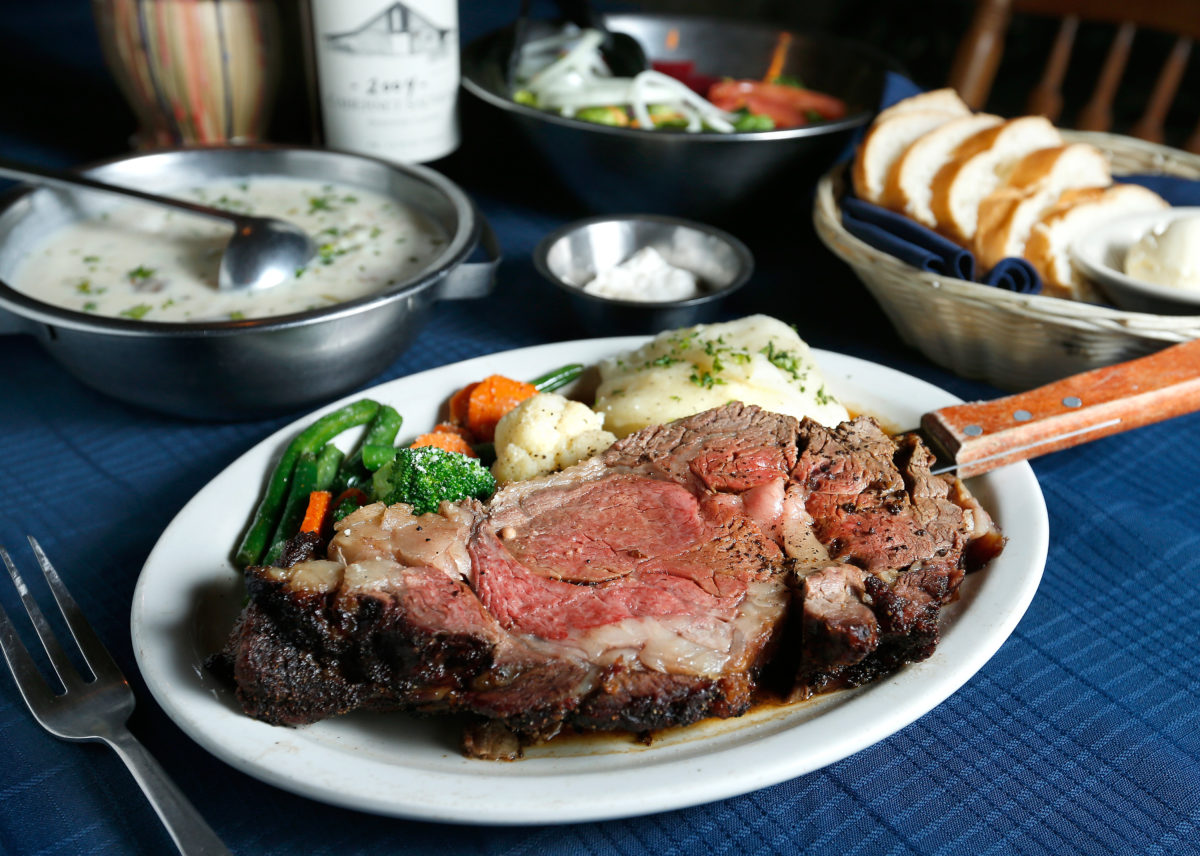 The prime rib dinner with all the fixings, including the Cramer's clam chowder, salad and French bread at Stormy's Spirits and Supper, in Bloomfield, California on Thursday, October 13, 2016. (Alvin Jornada / The Press Democrat)