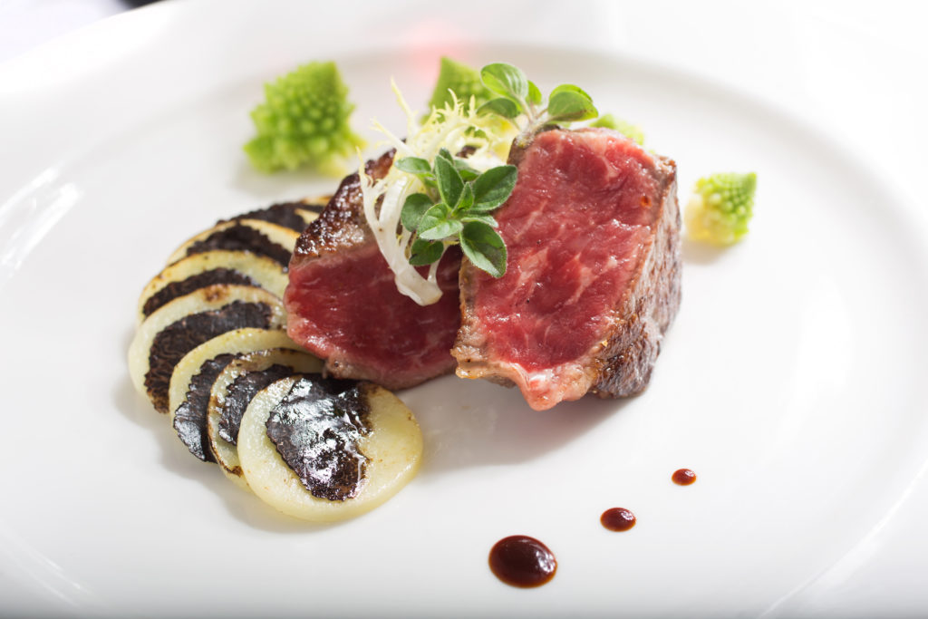 This Akaushi beef prepared by Chef Steve Litke, includes truffled potato, grilled New York sirloin, broccoli di ciccio and red wine sauce. Farmhouse is now ranked by Travel and Leisure Magazine as the fourth best inn in America, and is number 28 on its WorldÕs Best Hotels list. Shot on Friday, February 20, 2015 at Farmhouse Inn in Forestville, Calif. (Photo by Charlie Gesell for the Sonoma magazine)