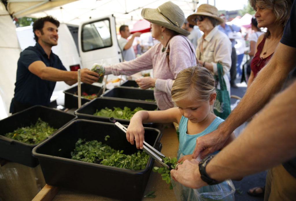 6/18/2014:D8: Kathryn Bleiweiss, 6, helps her dad, Sean Butler, buy some microgreens from the Earthworker Farm booth at the Sebastopol Farmers' Market in Sebastopol. PC: Kathryn Bleiweiss, 6, helps her dad. Sean Butler, buy some microgreens from the Earthworker Farm booth at the Sebastopol Farmers' Market in Sebastopol, on Sunday, June 8, 2014.(BETH SCHLANKER/ The Press Democrat)