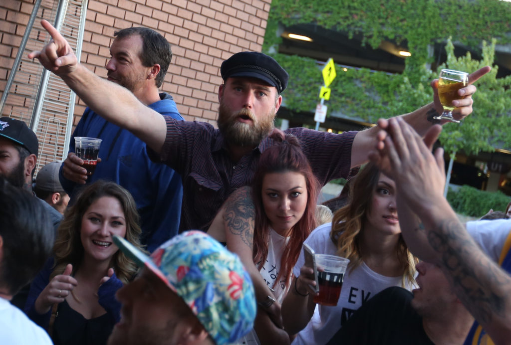 Fans watch and cheer at Sprenger's Tap Room in downtown Santa Rosa as the Golden State Warriors win their first NBA title in 40 years, Tuesday, June 16, 2015. (CRISTA JEREMIASON / The Press Democrat)