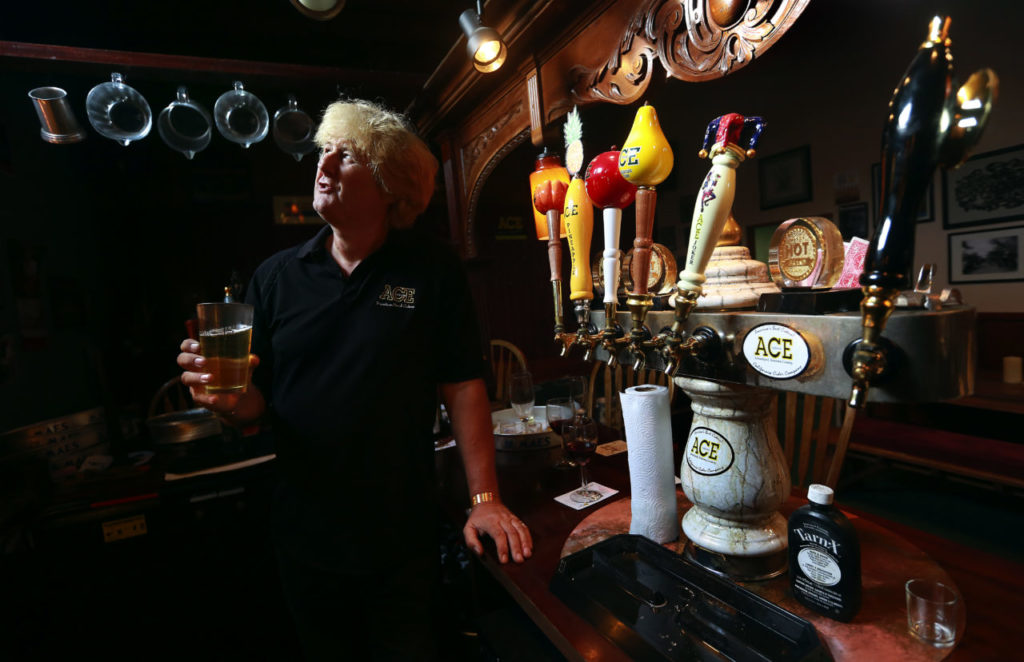 1/11/2015:E1:Jeffrey House, owner of California Cider Co. in Sebastopol, at the Ace-in-the-Hole pub located at his production facility. Photos by JOHN BURGESS / The Press Democrat) PC:Jeffrey House, president and owner of ACE Hard Cider in the ACE-in-the-HOLE Pub, a small room only open on Friday's in their production facility in Sebastopol. (photo by John Burgess/The Press Democrat)