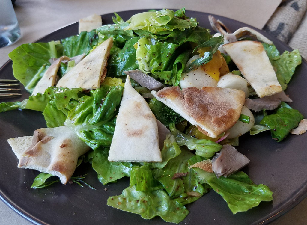 Lamb tongue fattoush with Little Gem lettuce, beets, toasted pita chips at Pearl restaurant in Petaluma Heather Irwin/PD