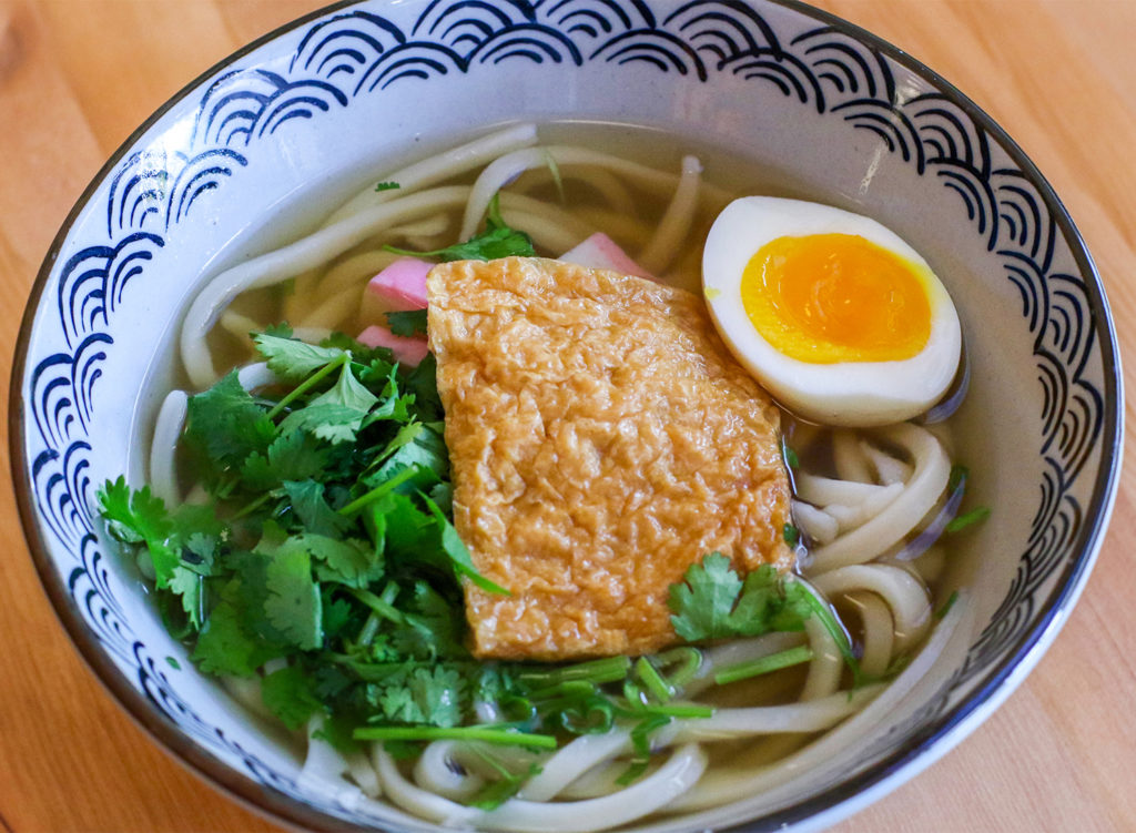 Tofu udon with birds nest veggies, pumpkin, prawn tempura at Ippinn Udon and Tempura in Santa Rosa. Heather Irwin/PD