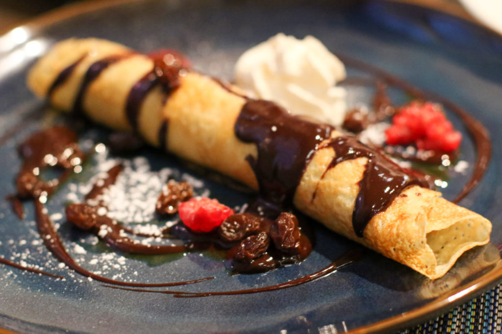 Hungarian pancake with walnut cream at Tisza Bistro. (Heather Irwin/Sonoma Magazine)