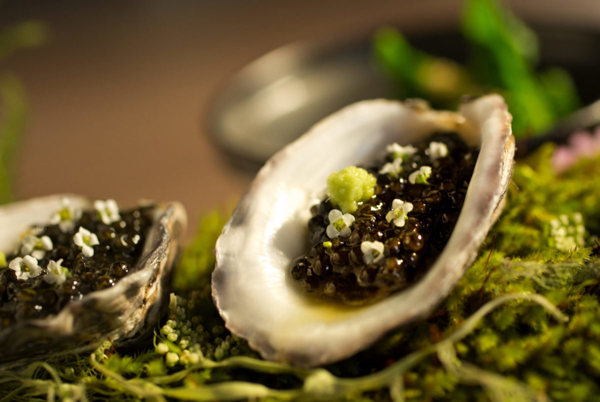 The Mid Winter in Sonoma County includes Kushi Oyster, Passmore Ranch Caviar and Alyssum Flower from Single Thread Farms Restaurant in Healdsburg. (John Burgess/The Press Democrat)