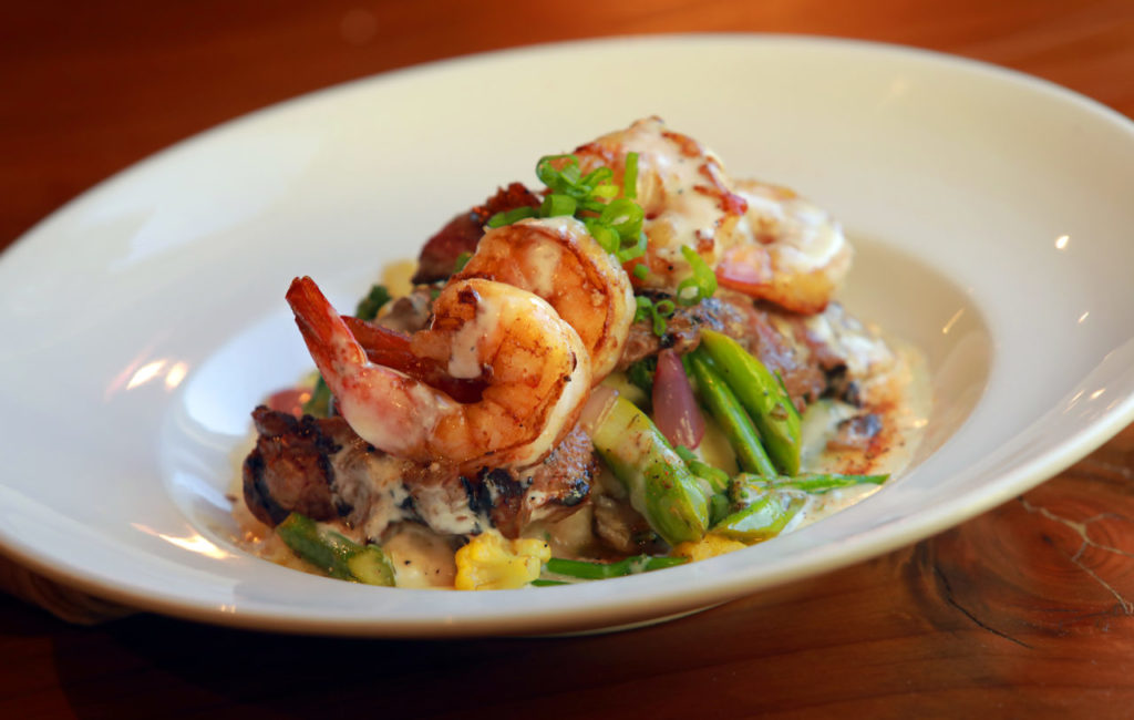 Surf-N-Turf with Sonoma Mountain Beef Co. steak, jumbo wild white draws, seasonal veggies and creamy mashed potatoes topped with blue cheese creme from Reel Fish Shop & Grill in Sonoma. (photo by John Burgess/The Press Democrat)