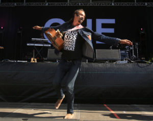 Michael Franti dances onstage during BottleRock Napa Friday May 27, 2016 in Napa. (Kent Porter / Press Democrat) 2016