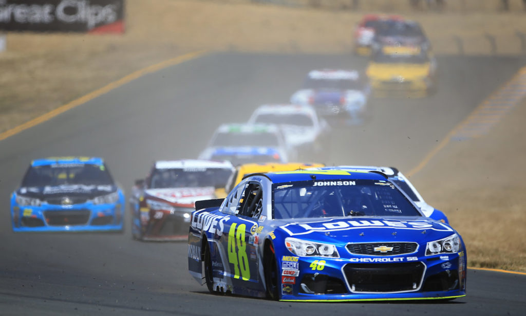 Jimmie Johnson rolls out of the esses he finishes 13th during the Toyota / Save Mart 350 at Sonoma Raceway, Sunday July 26, 2016. (Kent Porter / Press Democrat) 2016