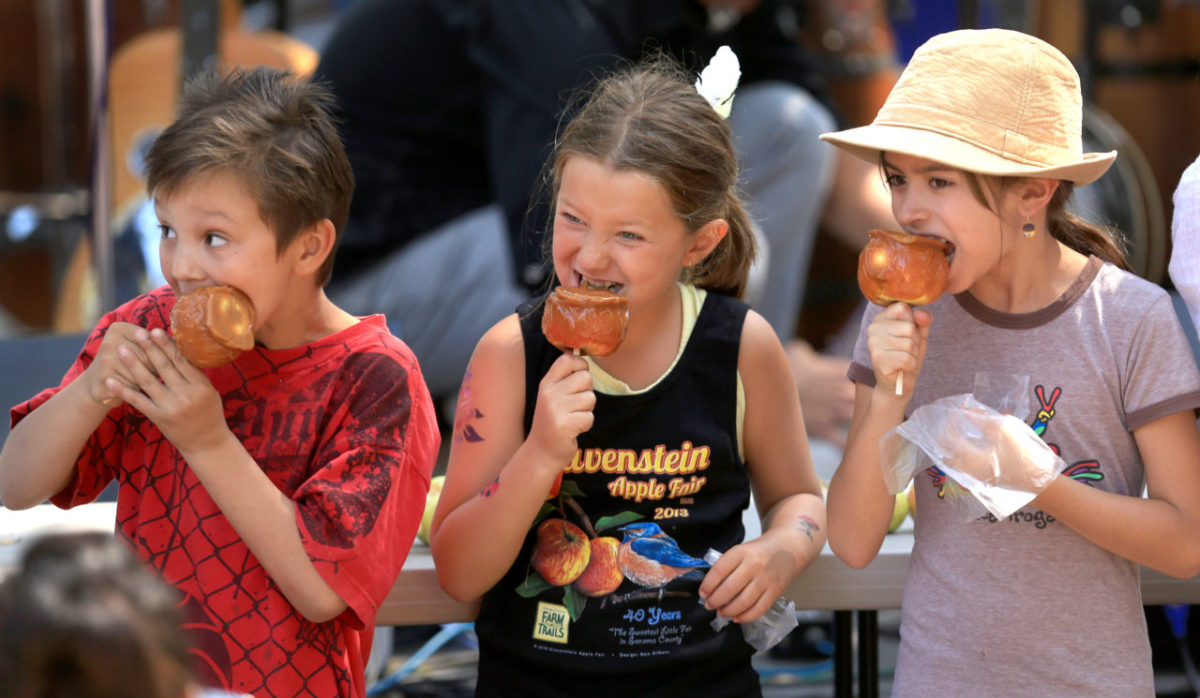 Children participate in a caramel-apple-eating contest at the Gravenstein Apple Fair. (Kent Porter / Press Democrat)