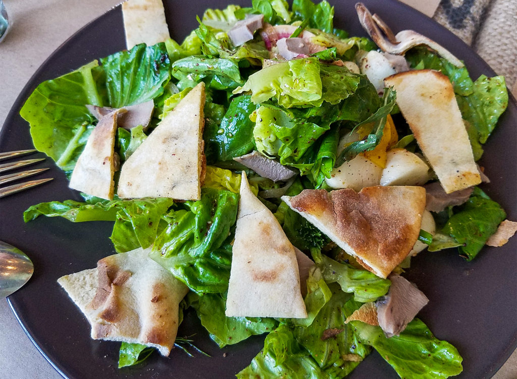 Fattoush with lamb tongue, little gems, beets, toasted pita chips at Pearl restaurant in Petaluma. heather irwin/PD