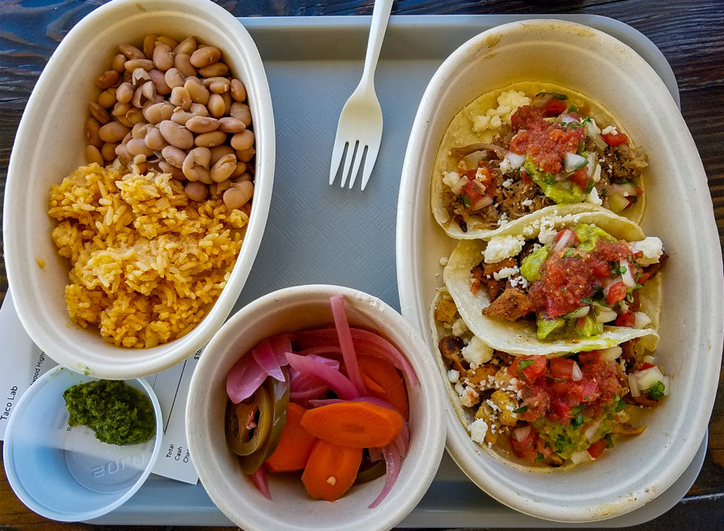 Tacos, beans, rice and pickled veggies at Taco Lab in Windsor. Heather Irwin/PD
