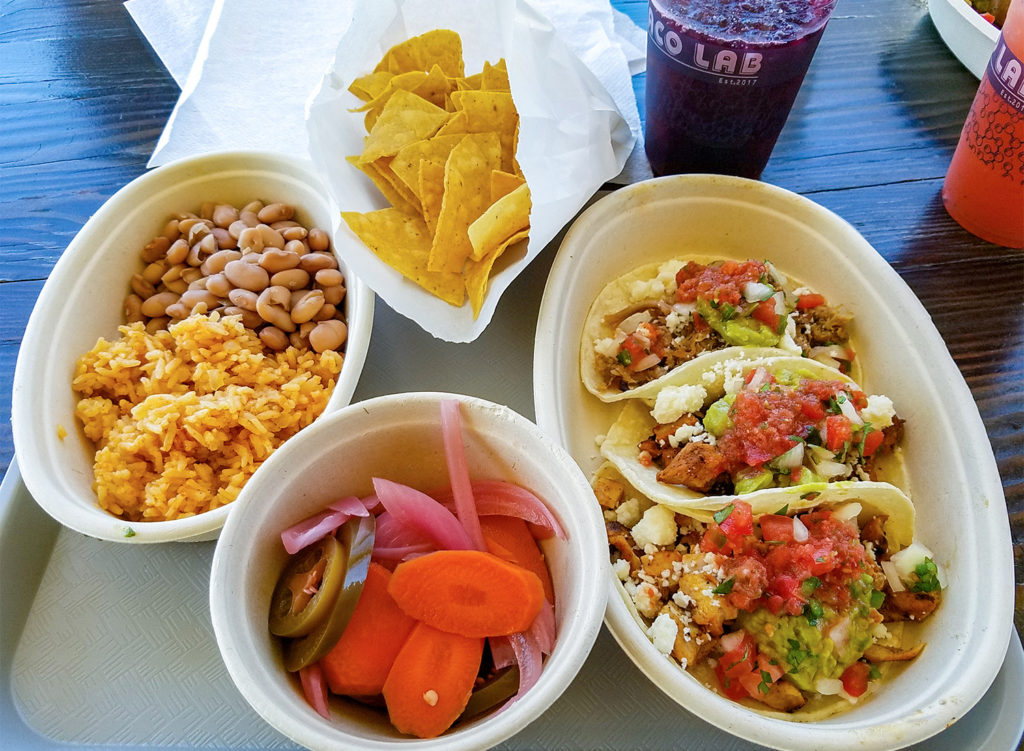 Tacos, beans, rice and pickled veggies at Taco Lab in Windsor. Heather Irwin/PD