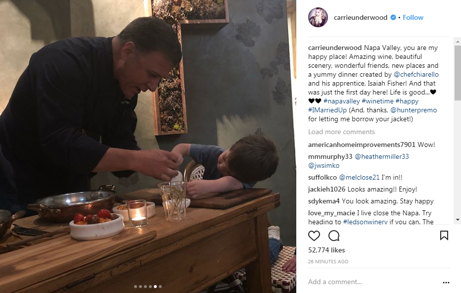 Celebrity chef, Michael Chiarello gets a helping hand by Carrie Underwood's son. (Carrie Underwood Instagram Account)