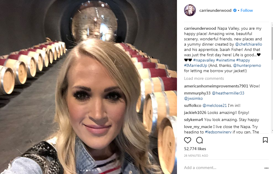 Carrie Underwood goes wine tasting in Napa Valley and calls it her "happy place". (Carrie Underwood Instagram Account)