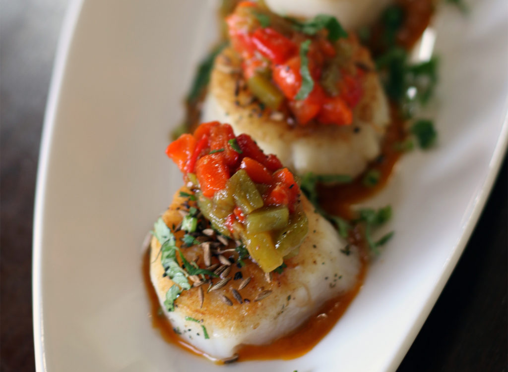 Scallops at Dehli Belly Indian Restaurant in Sonoma, California on 1/25/16. (Heather Irwin, Press Democrat)