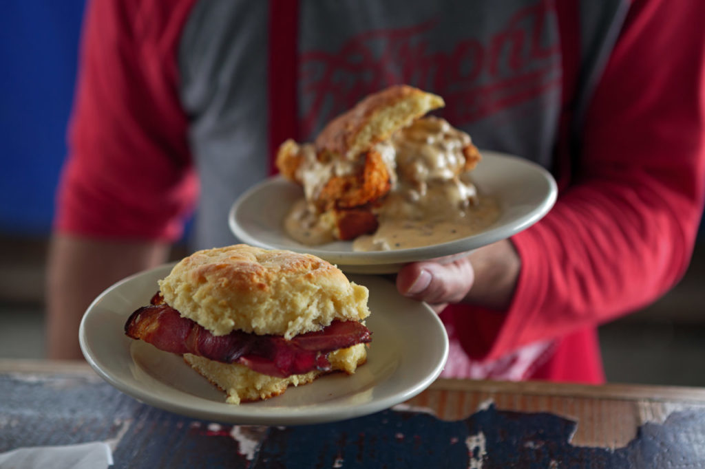 Chicken biscuit and ham biscuit from Fremont Diner in Sonoma Food shots for Cheap Eats section