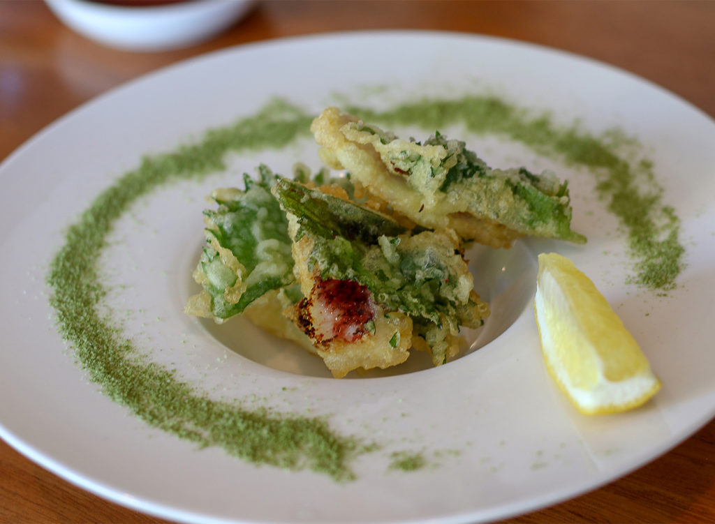 Hamachi umeshiso age, yellow tail with pickled plum, shiso tempura and green tea salt at Sake 107 in Petaluma. Heather Irwin/PD