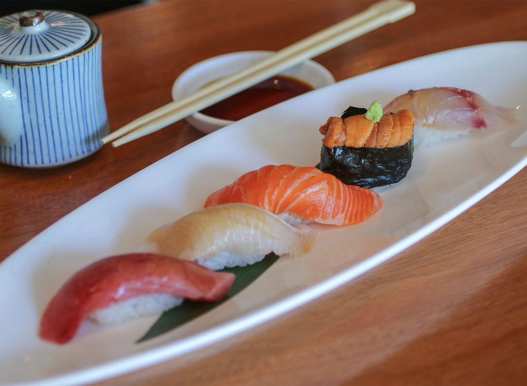 Five piece nigiri at Sake 107 in Petaluma. Heather Irwin/PD