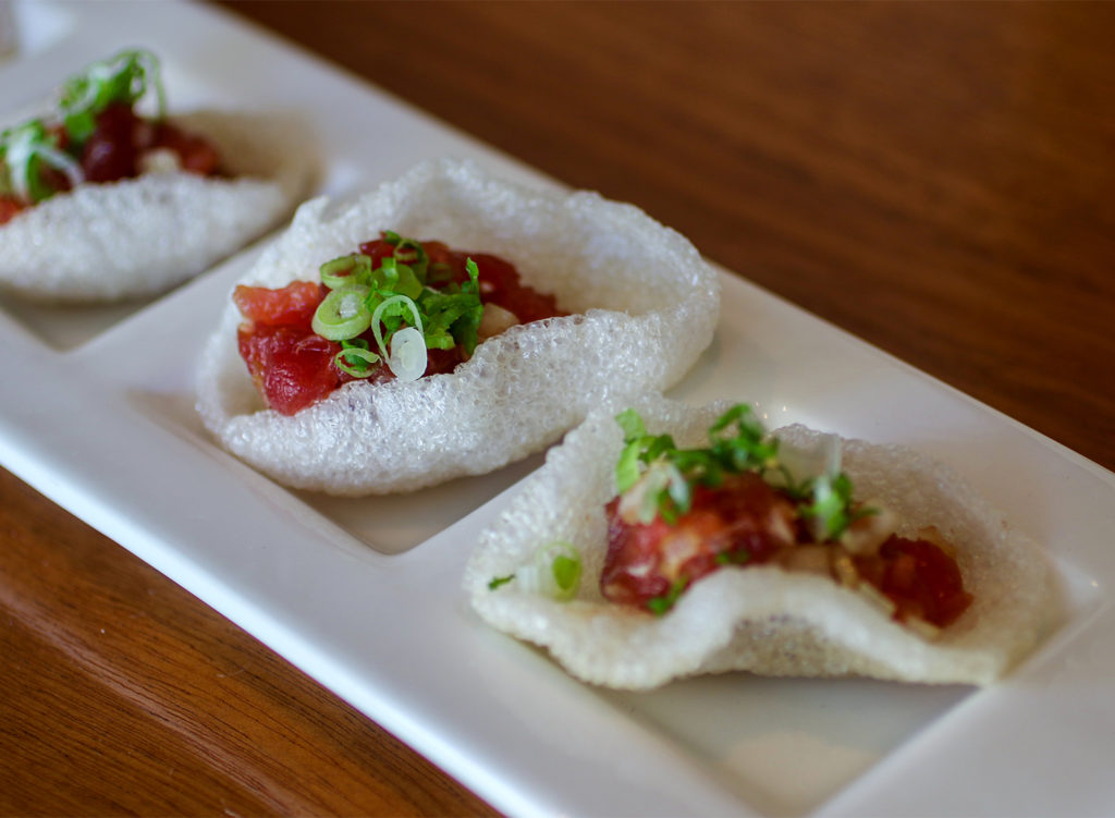 Tuna tartar on shrimp crackers at Sake 107 in Petaluma. Heather Irwin/PD