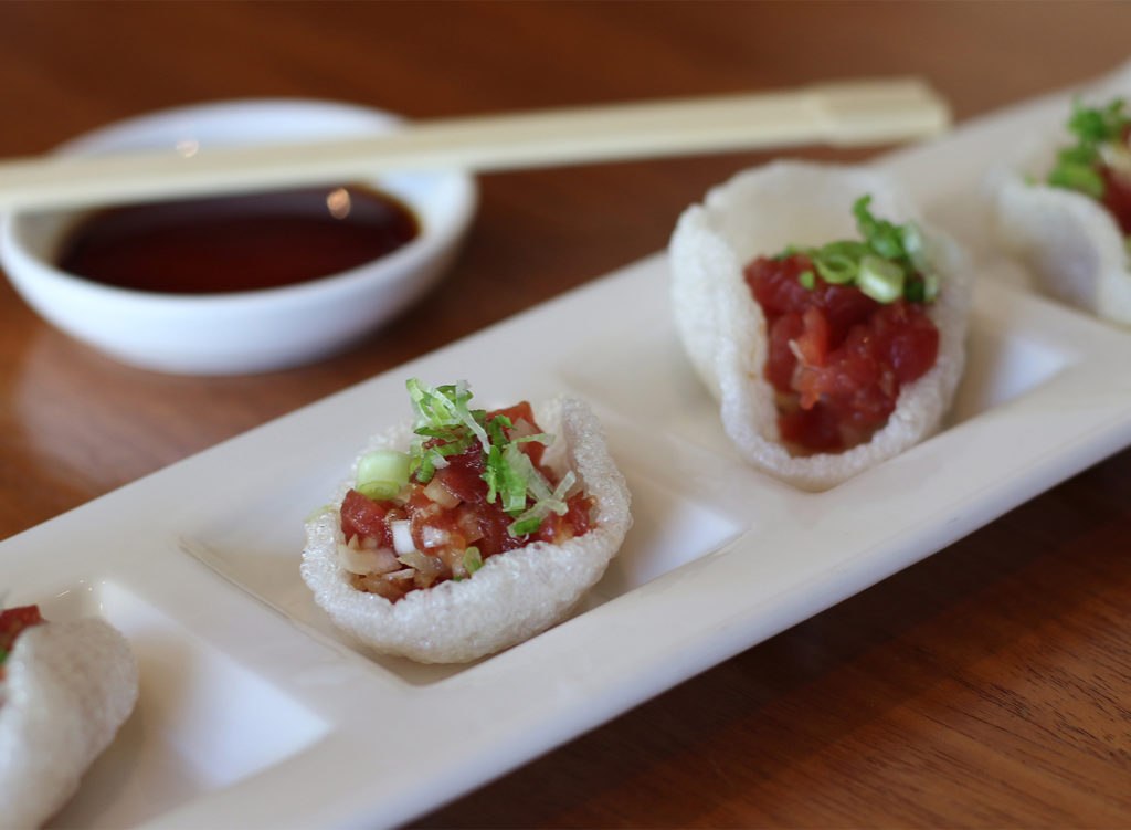 Tuna tartar on shrimp crackers at Sake 107 in Petaluma. Heather Irwin/PD