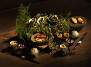 The guest is greeted with an array of dishes presented on a bed of wood, moss and ferns at Single Thread Farms Restaurant in Healdsburg. (John Burgess/The Press Democrat)