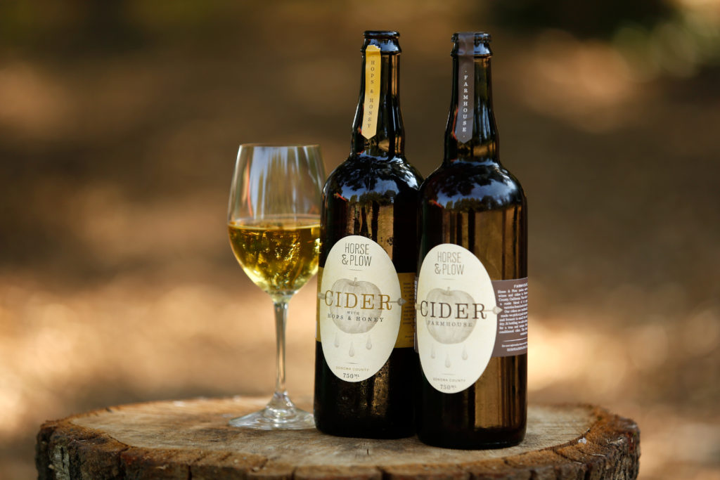 Bottles of Horse and Plow winery's Hops and Honey Cider and Farmhouse Cider, at Horse and Plow winery in Sebastopol, California on Wednesday, July 27, 2016. (Alvin Jornada / The Press Democrat)