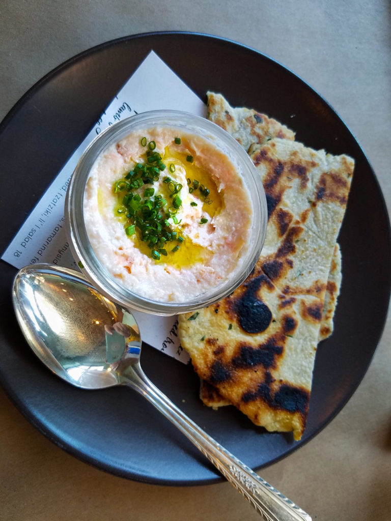 Smoked trout and house ricotta with semolina flatbread at Pearl restaurant in Petaluma. (Heather Irwin/The Press Democrat)