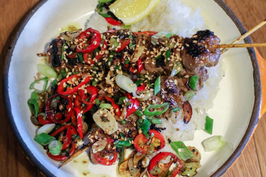 Beef skewers at Geyserville Gun Club in Geyserville. Heather Irwin/PD