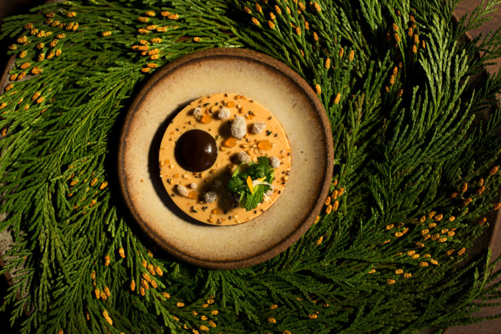 Cured Foie Gras, Spiced Sabl, French Prunes, and Rooibos Tea from Single Thread Farms Restaurant in Healdsburg. (John Burgess/The Press Democrat)