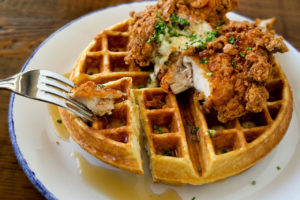 Chick N' Waffles with buttermilk fried chicken, cornmeal waffles, maple syrup and mascarpone butter from Chicken Pharm, a Public House in Petaluma. (photo by John Burgess/The Press Democrat)