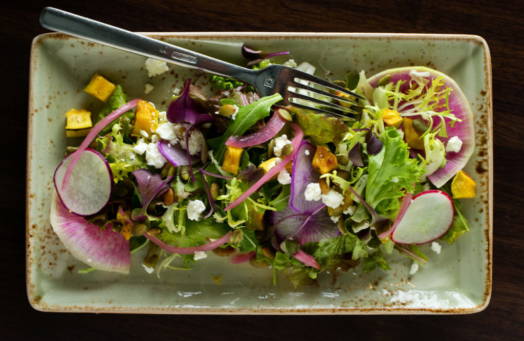 Farmers Market Salad with local lettuces & Sylvetta, butternut squash, pepitas, feta, marinated red onions and a citrus sherry vinaigrette from the Carneros Bistro & Wine Bar in Sonoma. (photo by John Burgess/The Press Democrat)