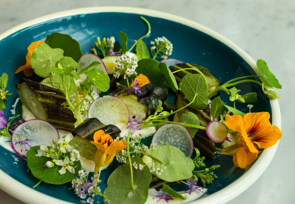 Charred Cucumber Salad with yogurt, nasturtium, marigold and watercress from SHED chef Perry Hoffman in Healdsburg. (John Burgess/The Press Democrat)