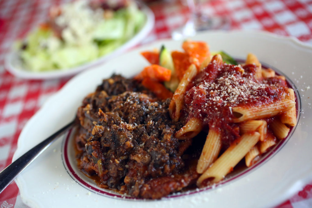Veal Scaloppini with mushrooms, tomatoes and white wine with penne with mariniara from Giorgio's Italian Restaurant in Healdsburg. (John Burgess/The Press Democrat)