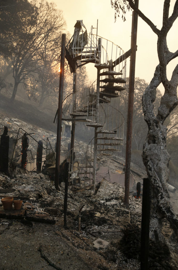 A staircase left among burned debris at the Olea Hotel on Monday, October 9, 2017 in Glen Ellen, California . (BETH SCHLANKER/The Press Democrat)