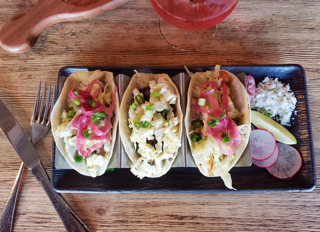 Taco trio and rose gose at Barrels, Brews and Bites in Healdsburg. Heather Irwin/PD
