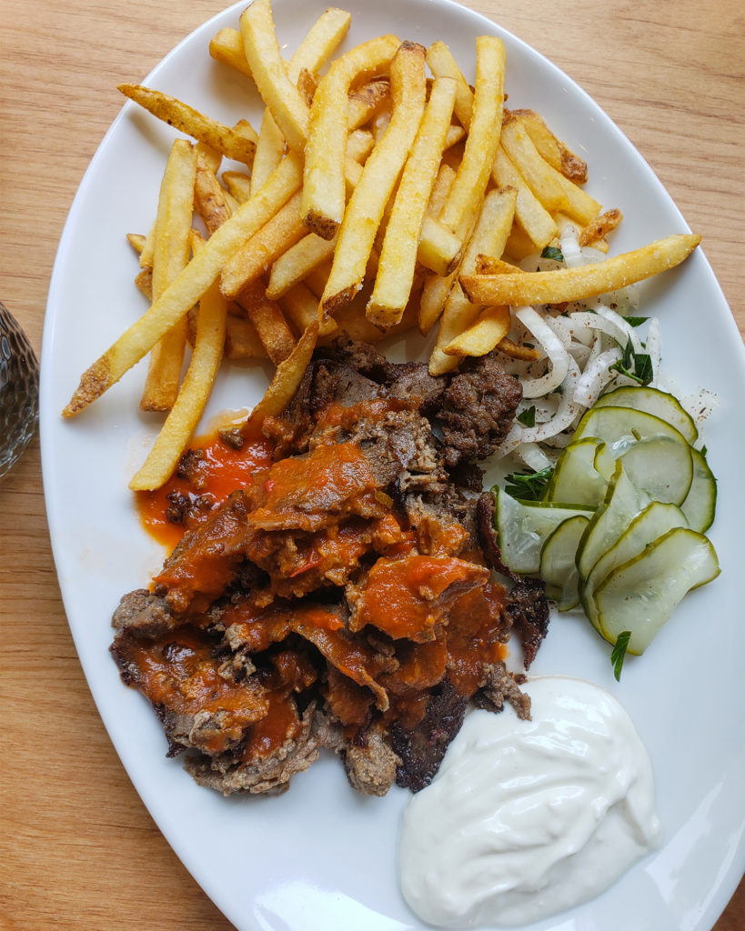 Lamb and Beef kebab plate with garlic yogurt at Stockhome Restaurant in Petaluma. heather irwin/PD