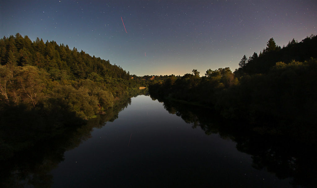 The Russian River at the Wohler Bridge during a moonlit night time exposure, Tuesday August 24, 2010. (Kent Porter / Press Democrat) 2010