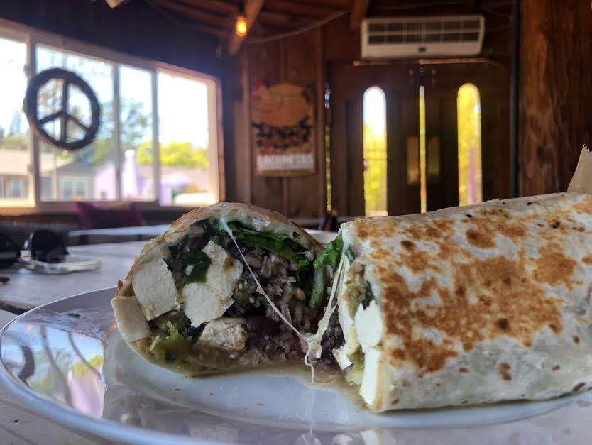 Papas and Pollo, 915 Gravenstein Hwy., Sebastopol: The Tofu Verde is made with (vegan) Spanish rice, (vegan) black beans, Monterey jack cheese, pico de gallo salsa, organic local greens and big hunks of Wildwood organic tofu tossed in a house-made chile verde sauce.